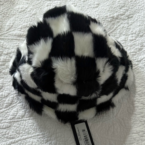 R13 Black and White Checkered Faux Fur Bucket Hat